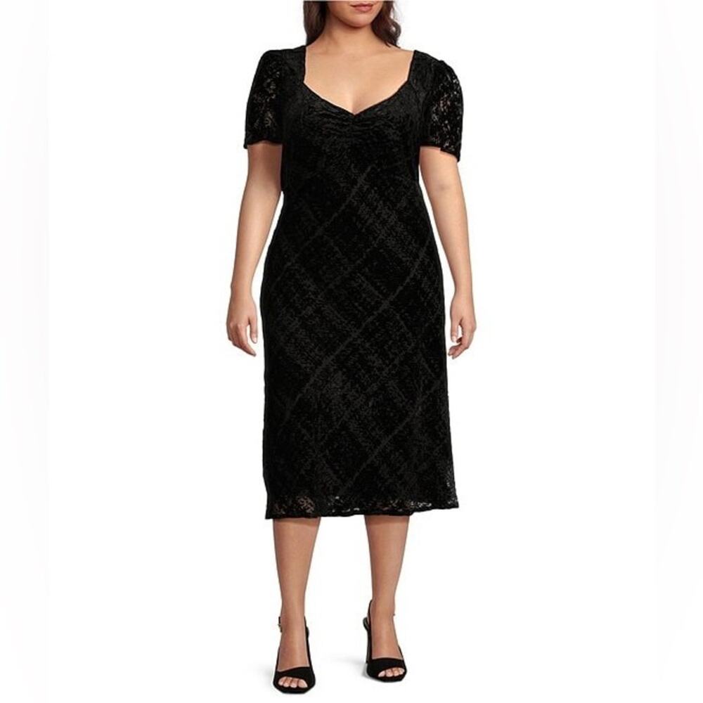 DKNY Donna Karan Plaid Print V-Neck Short Puff Sleeves Empire Shirred Dress 22W